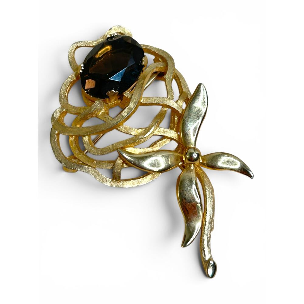 Vintage Brooks Ribbon Floral Pin Large Oval Brown Glass Gold Tone Brooch